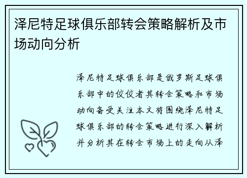 泽尼特足球俱乐部转会策略解析及市场动向分析