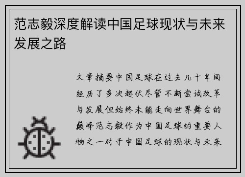 范志毅深度解读中国足球现状与未来发展之路 范志毅深度解读中国足球现状与未来发展之路