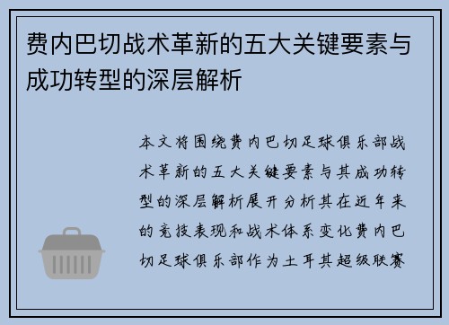费内巴切战术革新的五大关键要素与成功转型的深层解析